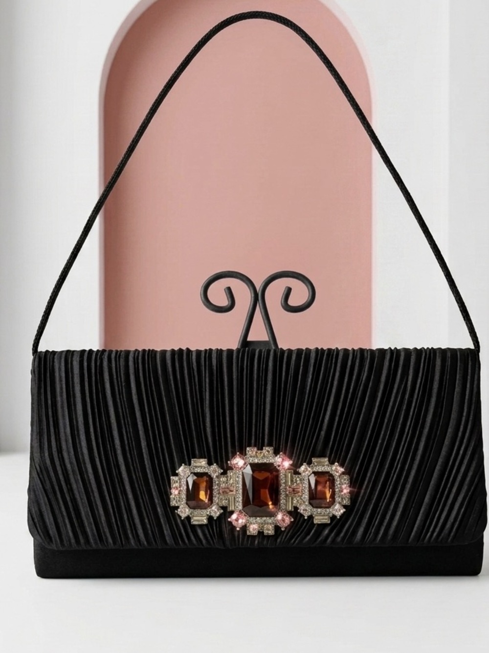 Black Evening Clutch with Jewel Accent Vintage Hollywood Glam